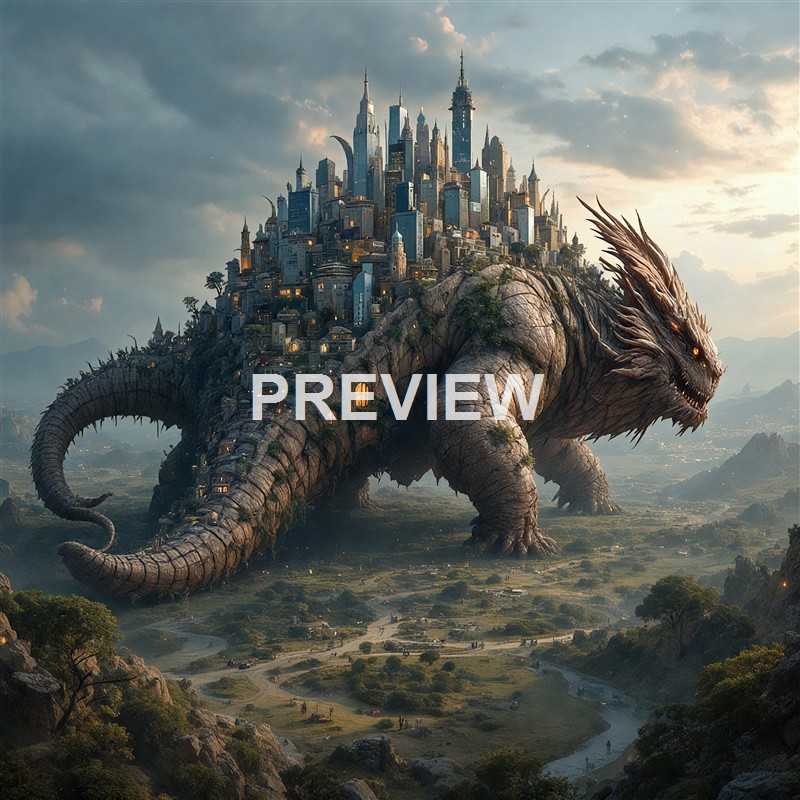 A colossal dragon with a city built on its back stands in a lush valley, with a sprawling landscape and mountains in the background.